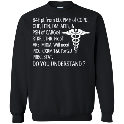 Nurse 84F pt from ED. PMH of COPD do you understand shirt