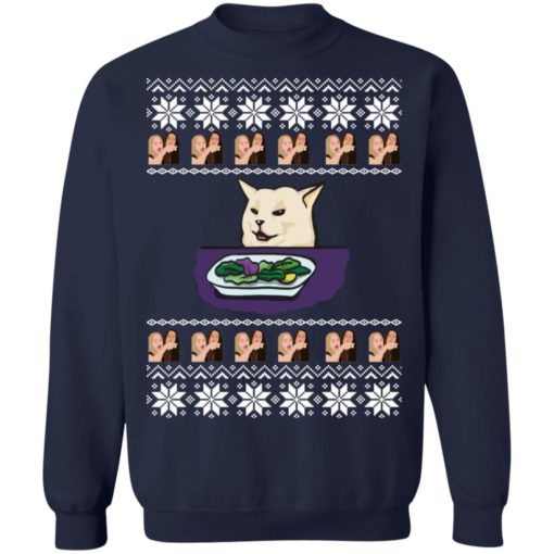 Woman Yelling Cat Meme At Table Christmas sweater