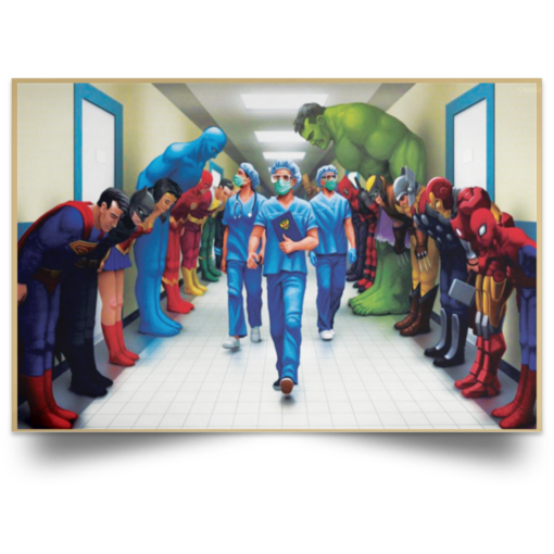 Superheroes Bowing to Doctors poster canvas