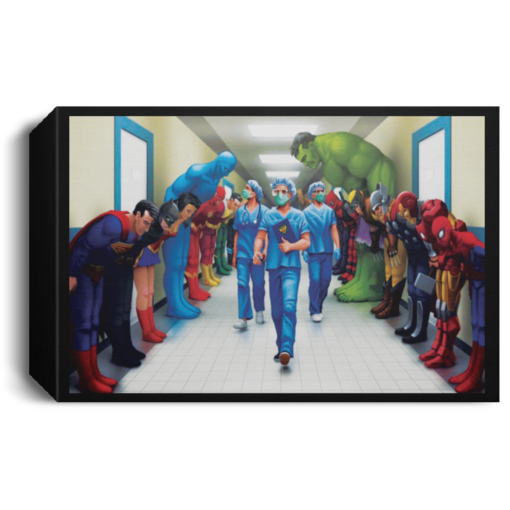 Superheroes Bowing to Doctors poster canvas