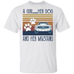 A girl her dog and her Mustang shirt